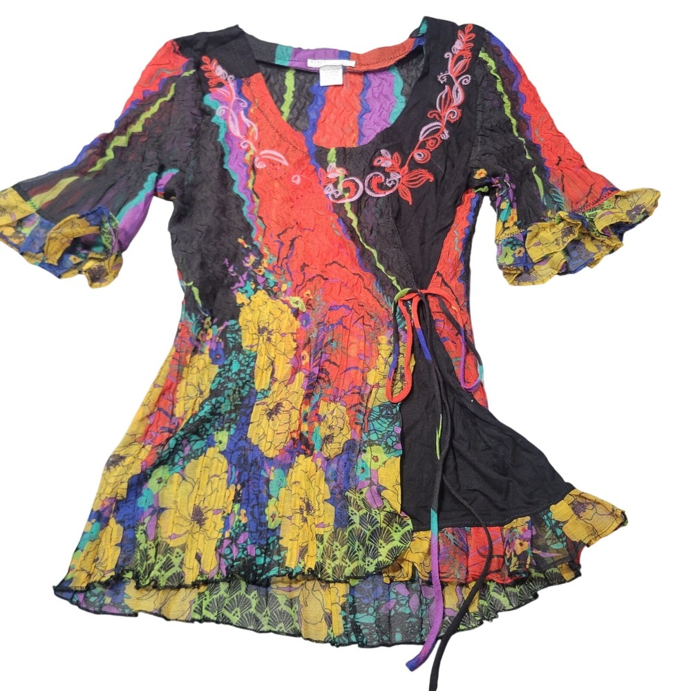 Alberto Makali Tunic Top Women Multi Floral Crinkle Embroidered Wrap Boho Art